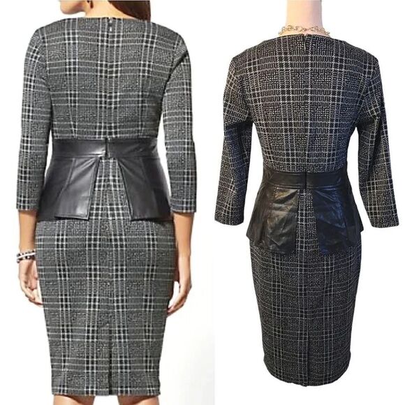New York & Co Black Plaid Vegan Leather Bow Sheath Midi Dress Small - Picture 11 of 16